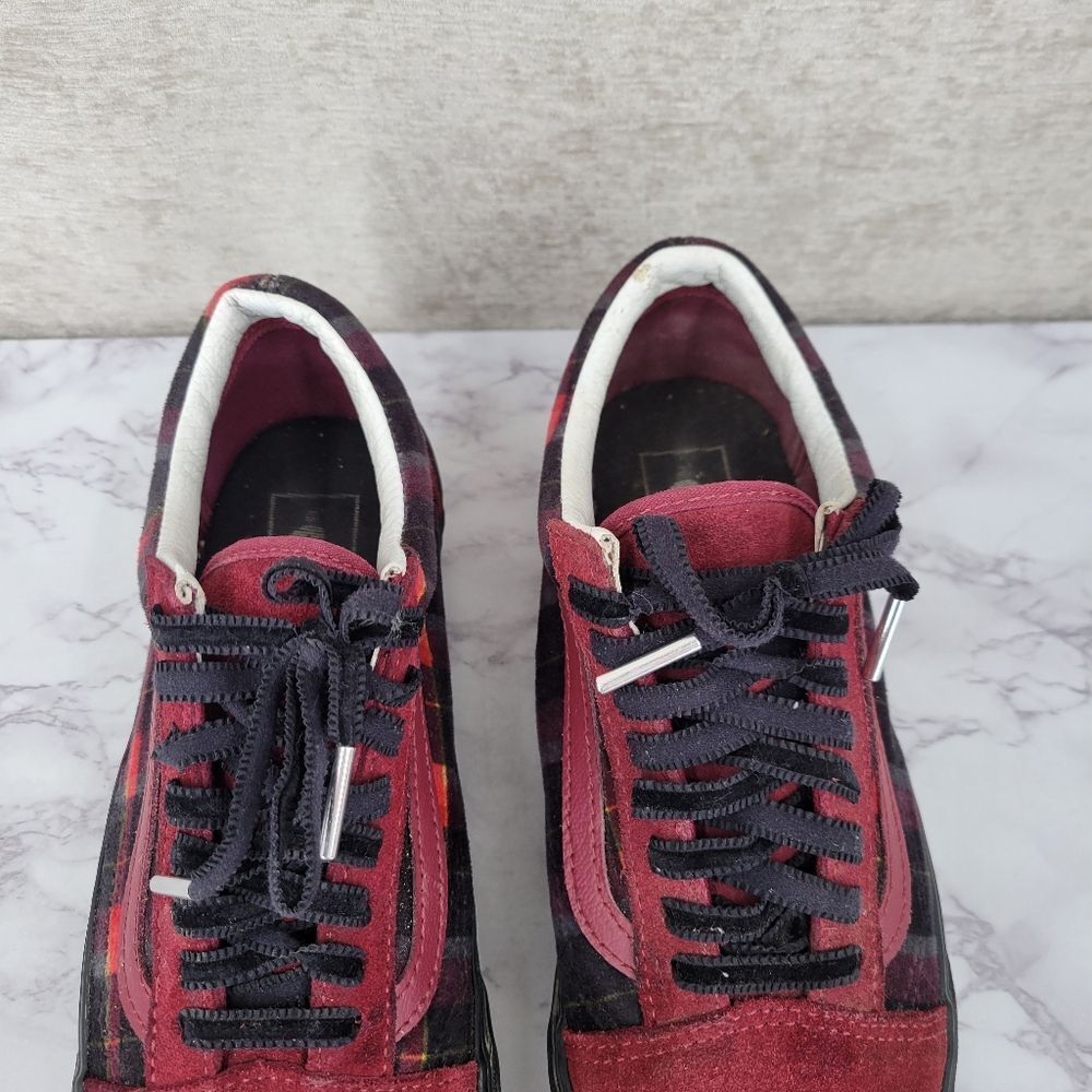 VANS Old Skool Stackform Shoes Red Suede Red & Black Plaid Platform Sneakers - Picture 5 of 13